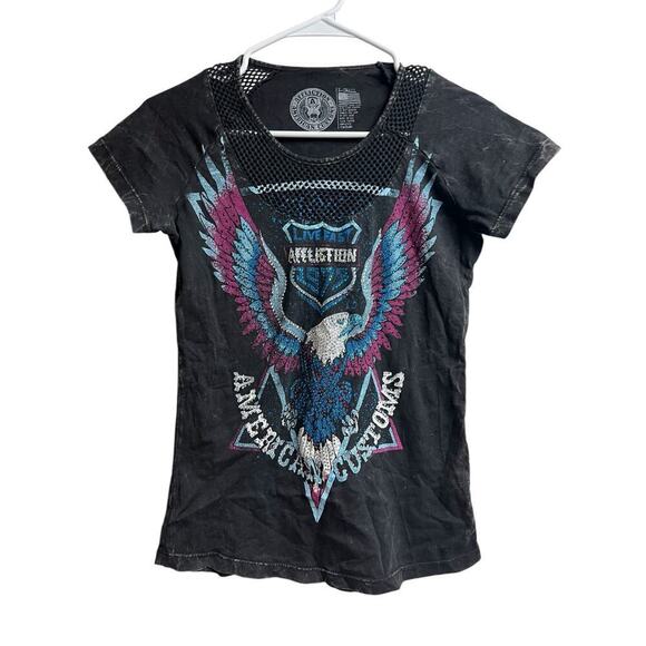 Affliction Tops - Affliction 1973 American Customs Women's Scoop Neck T-Shirt Black Lava X-Small